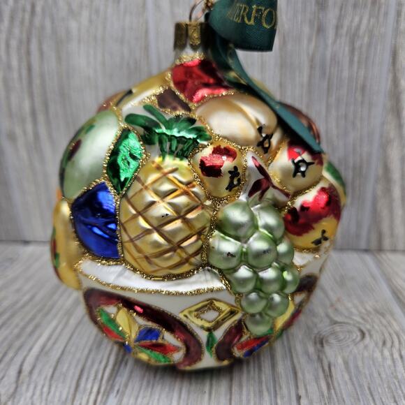 Waterford Glass Ornament Fruit Bowl Hand Painted Holiday Decor Ribbon 5 Inch Art - Picture 4 of 9